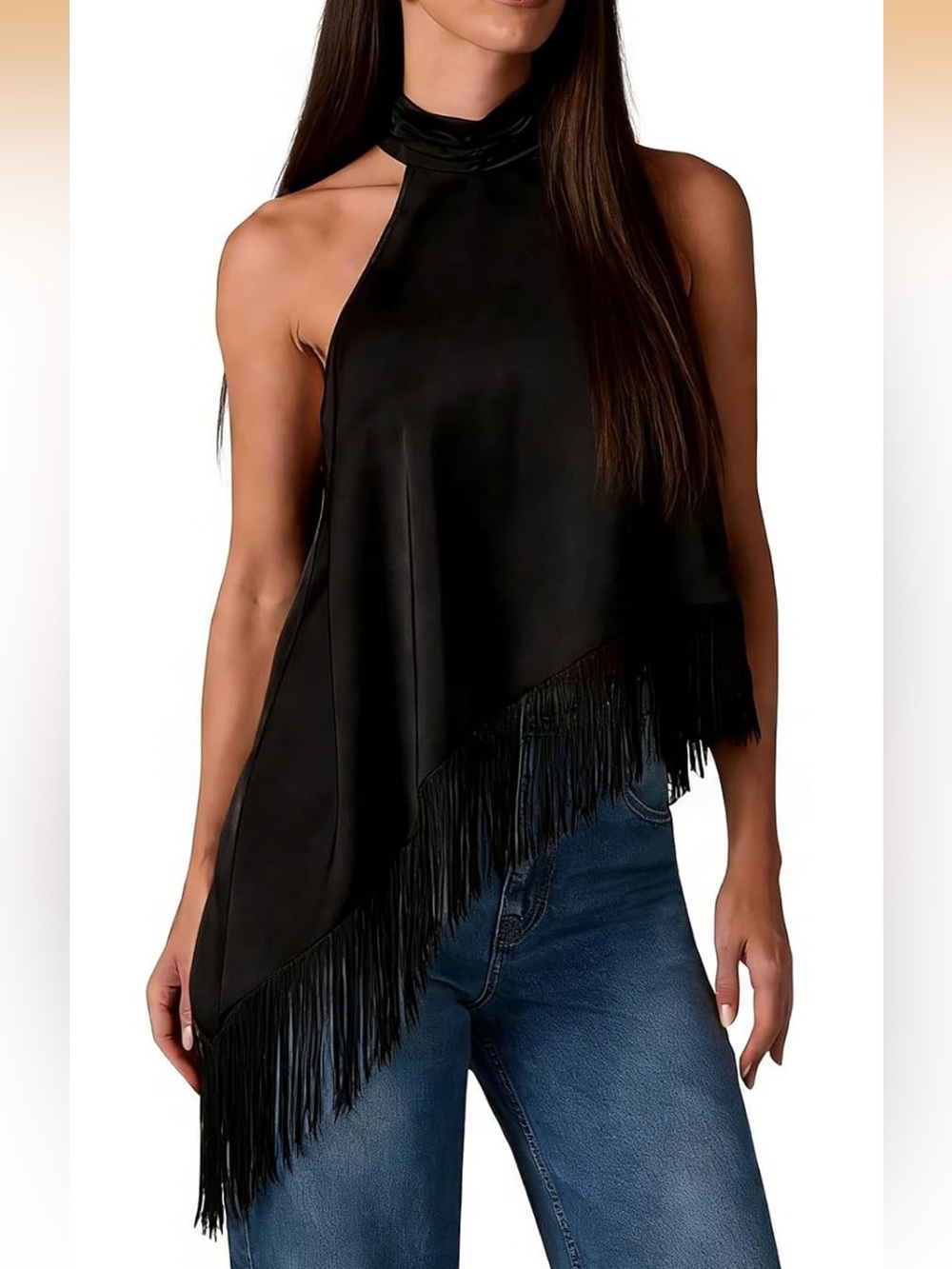 Fringe Satin Tank Top Y2K Mock Neck Halter Crop Top Sleeveless Silk Tassel Trim